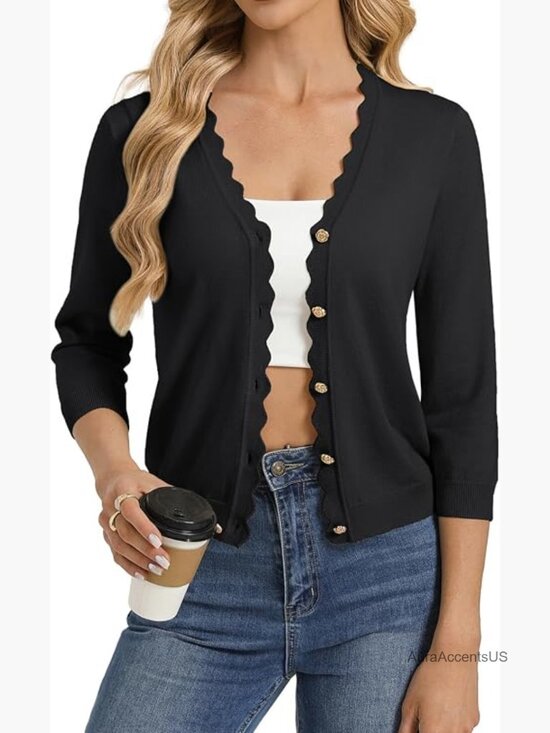 Sweaters - 3/4 Sleeve V-Neck Button Down Lightweight Cardigan Sweater